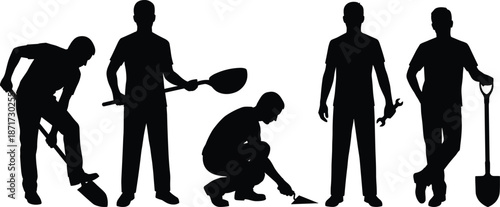 Construction worker silhouette set showing labor tasks digging shoveling repairing standing poses isolated black figures on white background