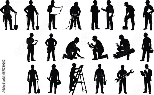 Construction worker silhouette icon set showing planning teamwork inspection tool usage and labor activities isolated black figures