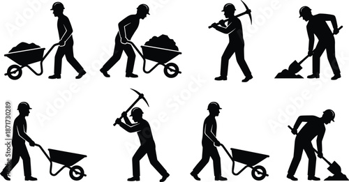 Construction worker silhouette set showing laborers digging shoveling mining and hauling materials isolated black figures on white background