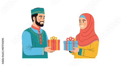 Muslim couple exchanging gifts celebration
