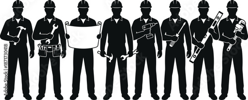 Construction worker silhouette team standing together holding tools and blueprint symbolizing professional workforce unity isolated black figures