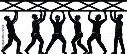 Construction workers silhouette lifting heavy steel beam together symbolizing teamwork strength cooperation labor isolated black figures