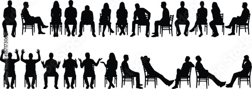 People sitting silhouette set showing seated men and women conversation gestures relaxed poses isolated black figures