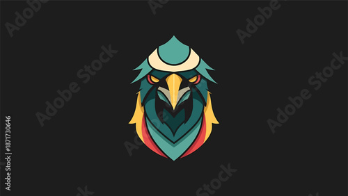 Colorful stylized illustration of an eagles head with intricate details and vibrant hues.