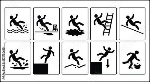 Workplace safety hazard pictogram set showing slip trip fall accident risks warning icons isolated black symbols on white background