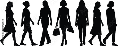 Women silhouette walking set showing female figures in casual and elegant poses lifestyle fashion isolated black shapes