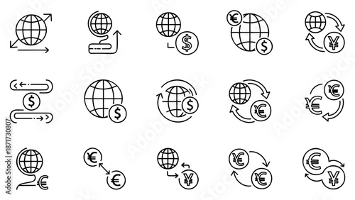 Global currency exchange icons illustration showcasing financial transactions worldwide