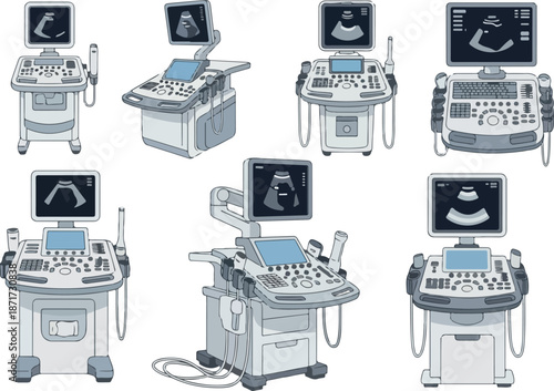 Ultrasound Machines Set Medical Scanning Technology Illustrations