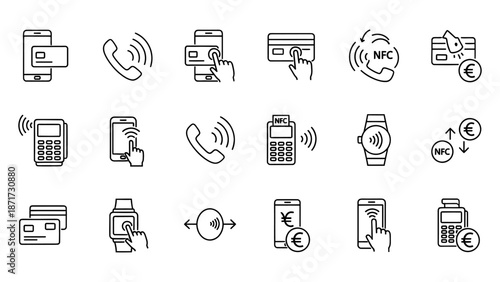 Collection of fintech icons representing various digital payment methods and technologies in a modern financial landscape