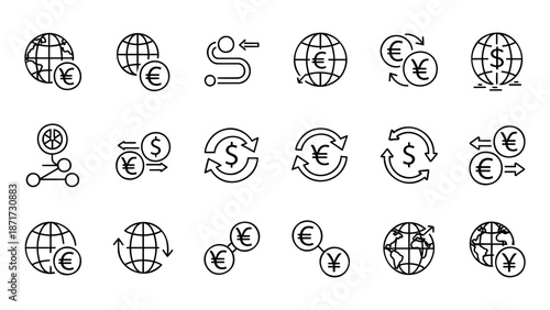 Global Finance Icons Representing Currency Exchange and International Transactions