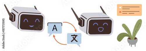 Language learning, AI communication, translation technology, education tools, multilingual interaction, digital assistance. Two robots with language icons and arrows. Language learning and AI