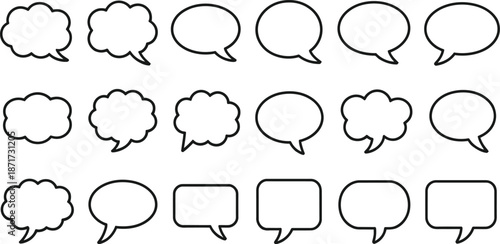 Collection of various empty speech bubbles and thought bubbles in black and white