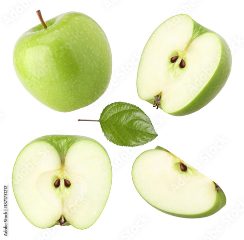 green apple with leaves, half and slices isolated, transparent PNG, collection