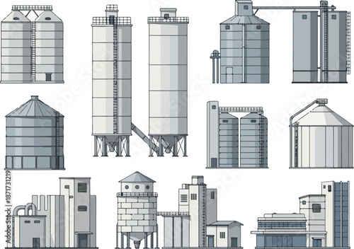 Industrial Silos and Grain Elevators Vector Illustration Set