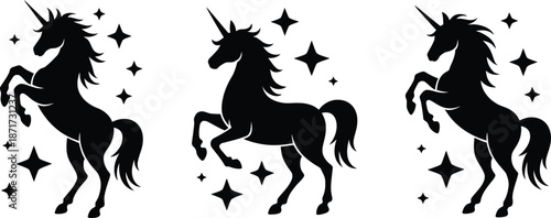 Three black silhouette unicorns with sparkling stars a magical and whimsical design