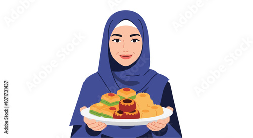 Woman offering traditional sweets with transparent background