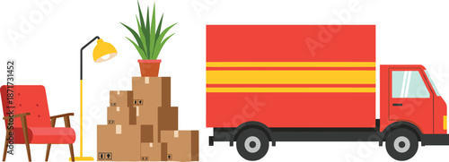 Moving truck with stacked cardboard boxes, houseplant, chair, and floor lamp in a modern flat vector illustration.