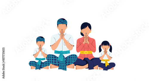 Family praying in traditional Thai clothing