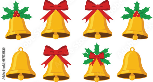 Set of Christmas bells decorated with holly leaves and red bows illustrated in festive colorful holiday vector style