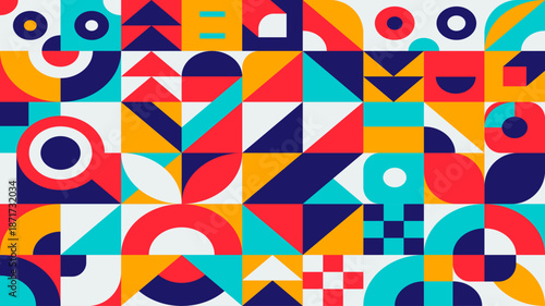 Vibrant and captivating abstract geometric pattern, expertly designed with a modern aesthetic, showcasing an energetic mosaic of colorful shapes for creative projects and backgrounds