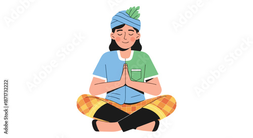 Meditating woman in traditional clothing with transparent background