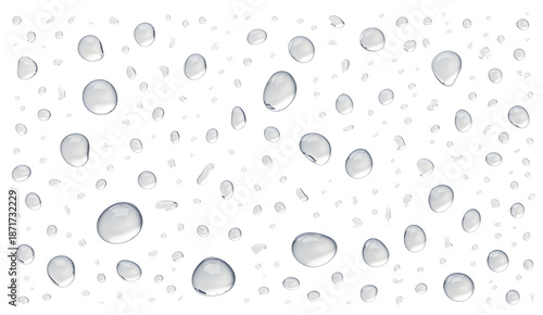 Clear water drops on surface  many small and large droplets pure water no background transparent background