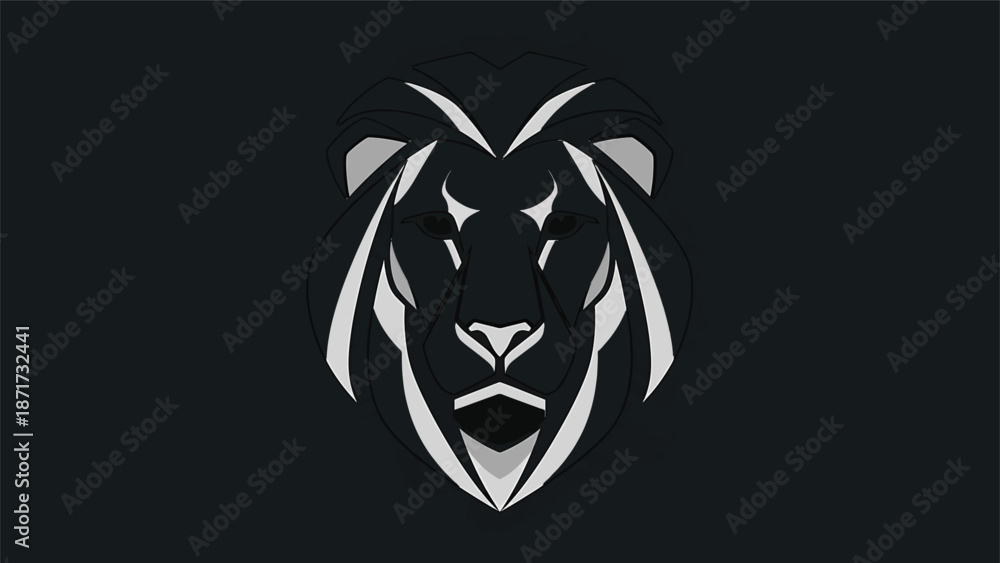 Obraz premium Geometric lion head emblem, minimalist design, striking contrast, dark background, bold lines, artistic representation.