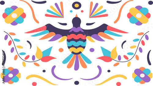 Colorful Folk Art Illustration Featuring a Majestic Bird with Spread Wings Amidst Vibrant Floral and Leaf Motifs, Capturing a Festive Cultural Essence in a Traditional Style