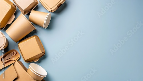 Brown paper food containers and utensils on blue background for takeout or delivery