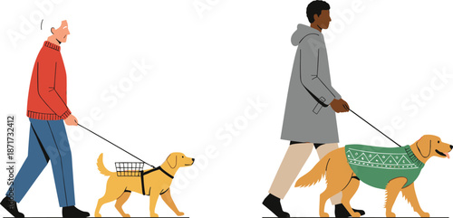 Two people walking their dogs outdoors, featuring winter clothing, leashes, and pet accessories in modern vector illustration