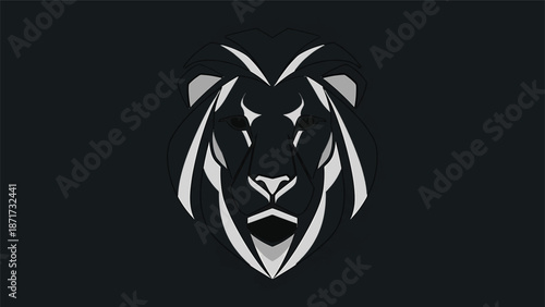 Geometric lion head emblem, minimalist design, striking contrast, dark background, bold lines, artistic representation.
