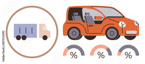 Transportation logistics, automotive comparisons, fuel efficiency, eco-friendly vehicles, data analysis, statistical studies. ion of a car, truck and percentage icons. Transportation logistics