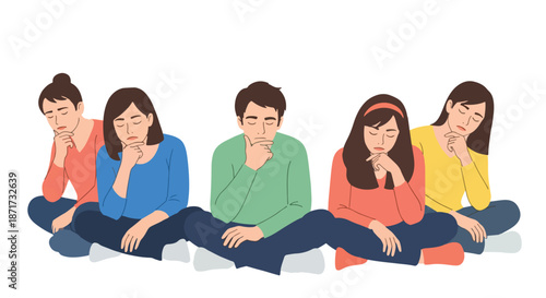 Pensive people sitting thoughtfully in a row