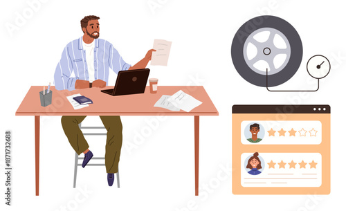 Automotive services, customer reviews, quality ratings, business analysis, vehicle safety, data handling. A man works at desk with laptop, tire pressure gauge and web review ratings. Automotive
