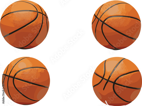 Set of detailed basketball illustrations showing textured orange balls with black lines in clean sports vector style