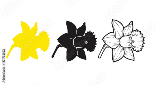 Minimalist illustration set of daffodil silhouettes, Symbolizing renewal and hope, flat vector design illustration.