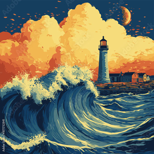Giant wave threatening coastal city with lighthouse broadcasting warning signals , vector style simple color