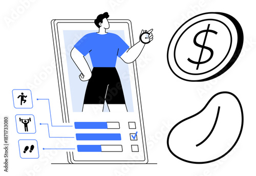 Fitness apps, gamification, digital rewards, health progress, goal tracking, mobile technology. A person in a digital interface alongside a dollar symbol and a bean icon. Fitness apps