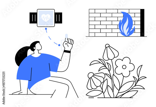 Technology, health monitoring, cybersecurity, nature, innovation, sustainability. A person using a smartwatch, a firewall icon with flames blooming flowers. Technology and health monitoring concept