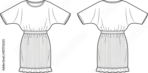 Women midi dress technical sketch, casual fashion apparel design, front back view, batwing sleeves, elastic waist, pleated skirt, flat illustration