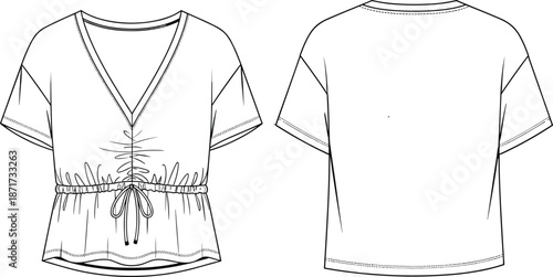 Women ruched v neck blouse technical sketch, casual fitted top design, front back view, drawstring waist detail, fashion flat illustration