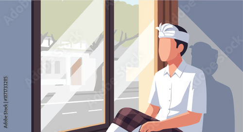 Balinese man looking out window, traditional attire