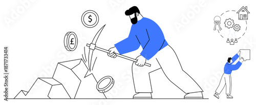 Cryptocurrency mining. digital currencies thumbs up Bitcoin and economy elements. Cryptocurrency mining embodies blockchain, financial transactions, and digital asset acquisition. For fintech