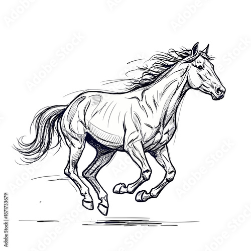 A dynamic black and white illustration of a horse in full gallop