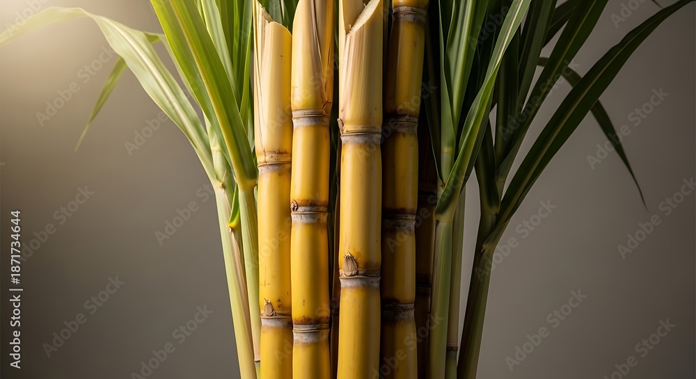 Fototapeta premium Freshly harvested sugarcane stalks with green leaves