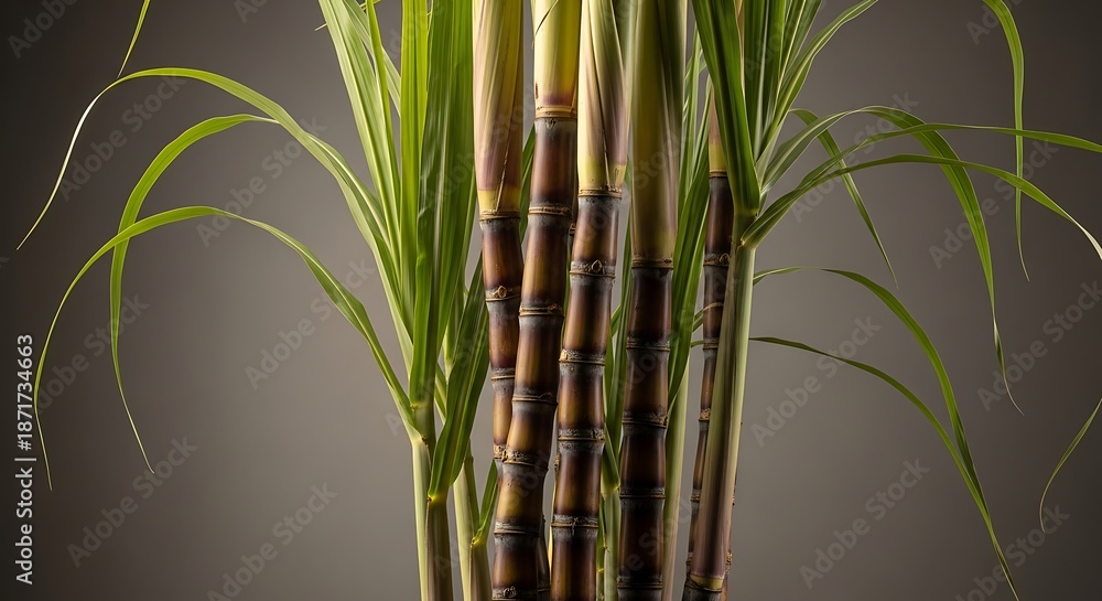 Obraz premium Close up of wet sugarcane stalks with green leaves against a grey background