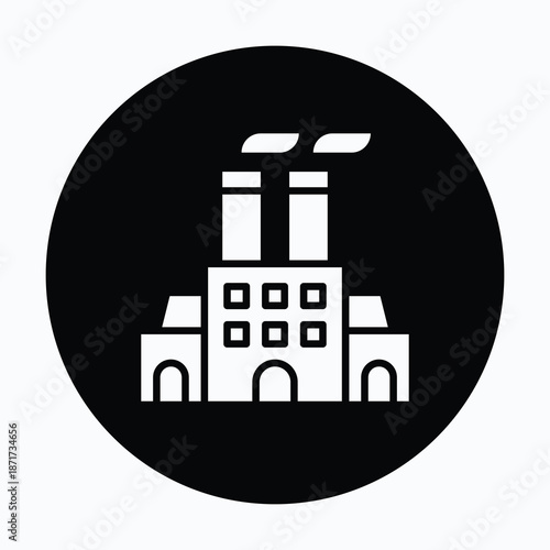 Industrial Building Icon, Manufacturing Plant With Smoke From A Chimney, Representing Production, Modern Commerce And Environmental Concerns. Black Glyph Circular Style Icon. 