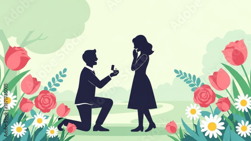 Man proposing marriage to woman in a garden setting romantic proposal with engagement ring surrounded by flowers and greenery silhouette illustration for wedding or anniversary