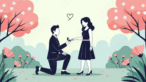 Man proposing marriage to woman with engagement ring romantic scene in park with blooming trees and flowers illustration for wedding and love concepts