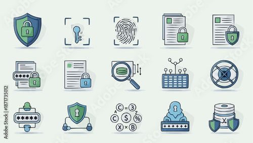 Cybersecurity Icons Representing Digital Security and Data Protection.